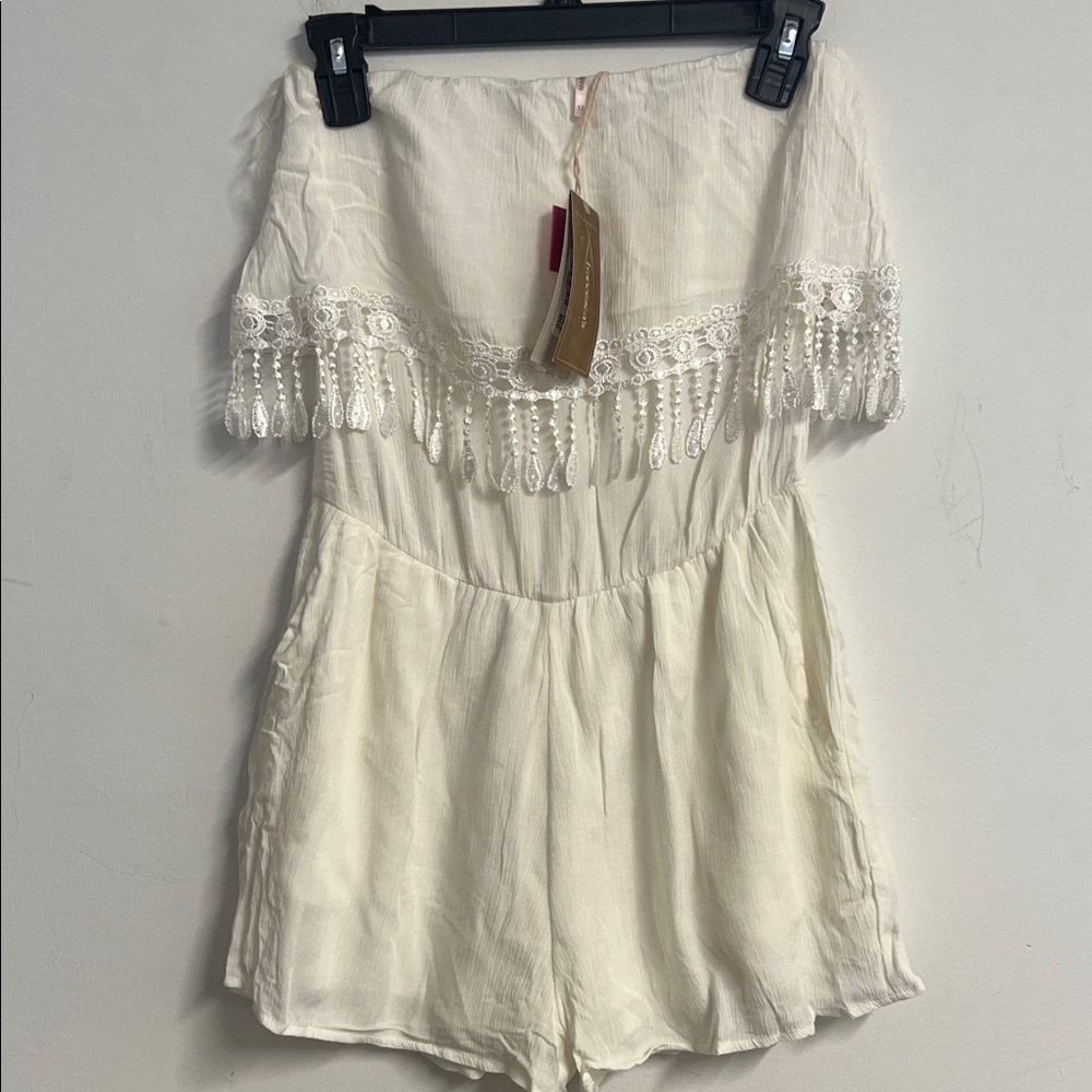 Ivory Off-Shoulder Romper with Lace Trim